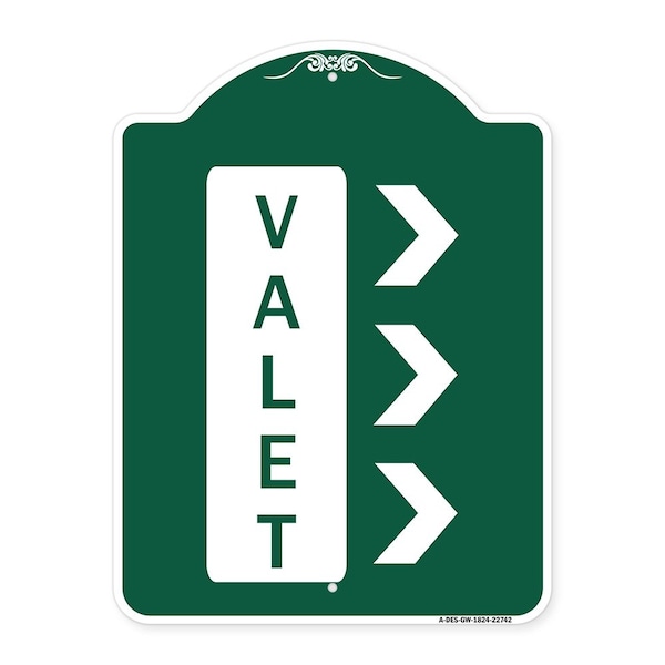 Designer Series Sign-Valet Right Arrow, Green & White Aluminum Sign, 18" x 24", GW-1824-22742